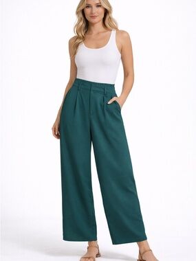 High-Rise Wide Leg Pants in Teal - Women's Relaxed Trousers